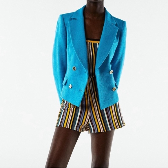 Zara Cropped Textured Double Breasted Blazer Size Small Turquoise - Picture 2 of 11